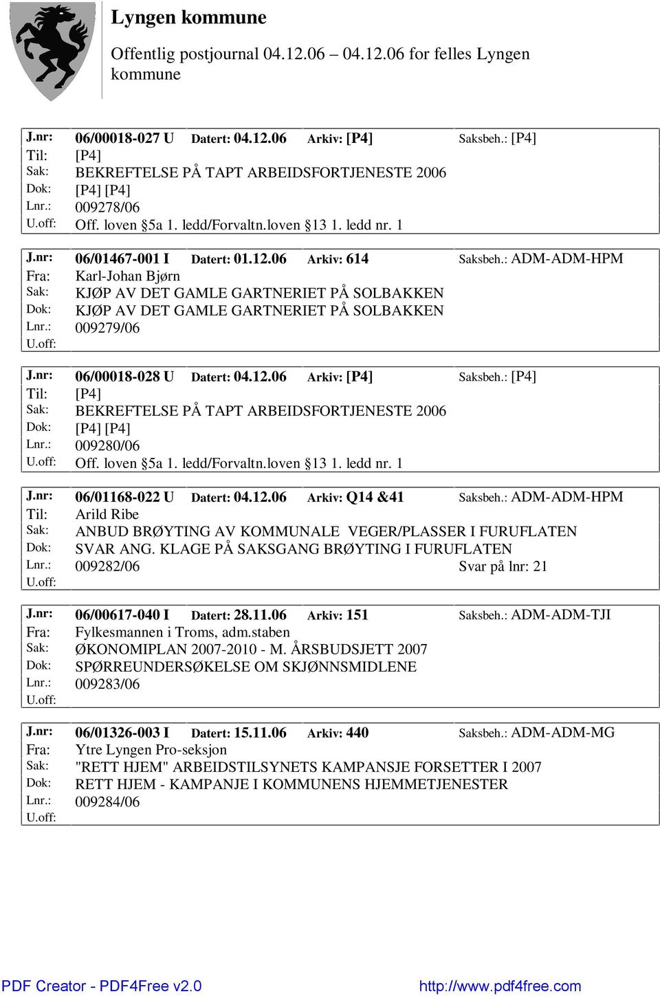 06 Arkiv: [P4] Saksbeh.: [P4] Lnr.: 009280/06 Off. loven 5a 1. ledd/forvaltn.loven 13 1. ledd nr. 1 J.nr: 06/01168-022 U Datert: 04.12.06 Arkiv: Q14 &41 Saksbeh.