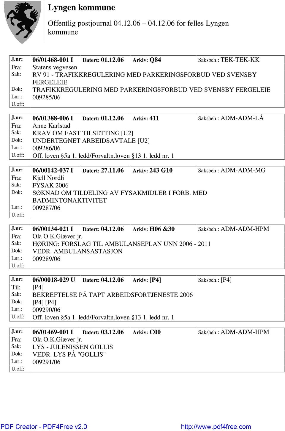 nr: 06/01388-006 I Datert: 01.12.06 Arkiv: 411 Saksbeh.: ADM-ADM-LÅ Fra: Anne Karlstad Sak: KRAV OM FAST TILSETTING [U2] Dok: UNDERTEGNET ARBEIDSAVTALE [U2] Lnr.: 009286/06 Off. loven 5a 1.