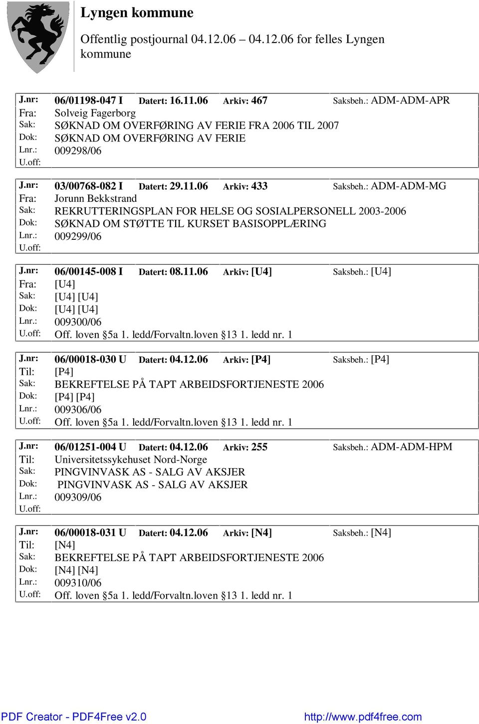 06 Arkiv: [U4] Saksbeh.: [U4] Fra: [U4] Sak: [U4] [U4] Dok: [U4] [U4] Lnr.: 009300/06 Off. loven 5a 1. ledd/forvaltn.loven 13 1. ledd nr. 1 J.nr: 06/00018-030 U Datert: 04.12.06 Arkiv: [P4] Saksbeh.