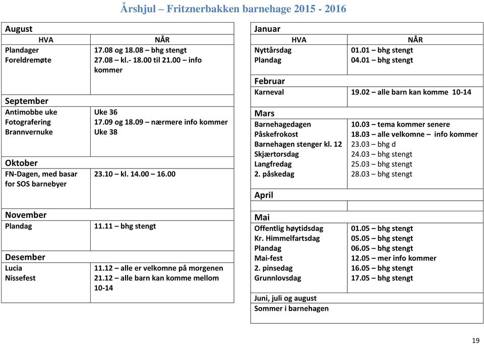 01 bhg stengt Februar Karneval 19.02 alle barn kan komme 10-14 Mars Barnehagedagen Påskefrokost Barnehagen stenger kl. 12 Skjærtorsdag Langfredag 2. påskedag April 10.03 tema kommer senere 18.