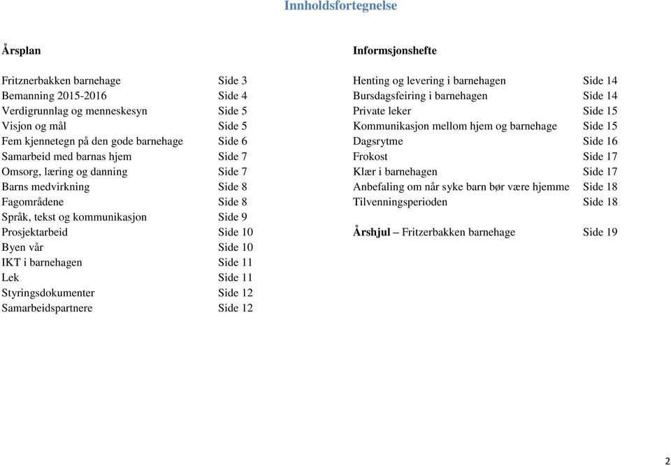 11 Lek Side 11 Styringsdokumenter Side 12 Samarbeidspartnere Side 12 Informsjonshefte Henting og levering i barnehagen Side 14 Bursdagsfeiring i barnehagen Side 14 Private leker Side 15 Kommunikasjon