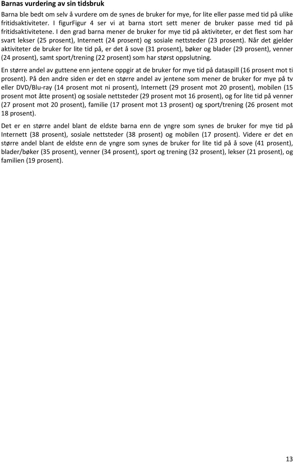 I den grad barna mener de bruker for mye tid på aktiviteter, er det flest som har svart lekser (5 prosent), Internett (4 prosent) og sosiale nettsteder ( prosent).