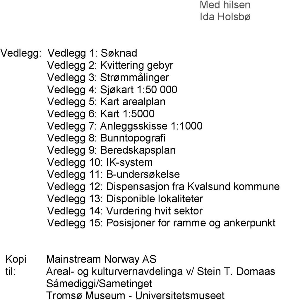 B-undersøkelse Vedlegg 12: Dispensasjon fra Kvalsund kommune Vedlegg 13: Disponible lokaliteter Vedlegg 14: Vurdering hvit sektor Vedlegg 15: