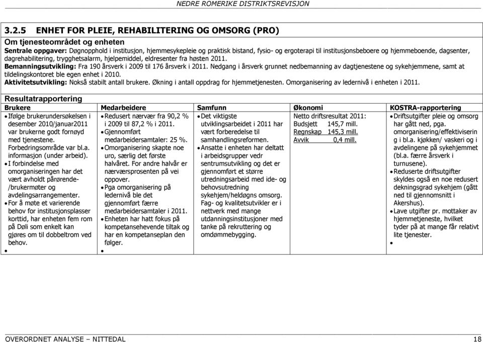 Nedgang i årsverk grunnet nedbemanning av dagtjenestene og sykehjemmene, samt at tildelingskontoret ble egen enhet i 2010. Aktivitetsutvikling: Nokså stabilt antall brukere.