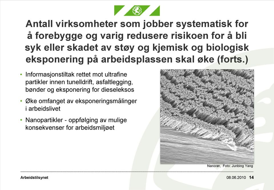 ) Informasjonstiltak rettet mot ultrafine partikler innen tunelldrift, asfaltlegging, bønder og eksponering for dieseleksos