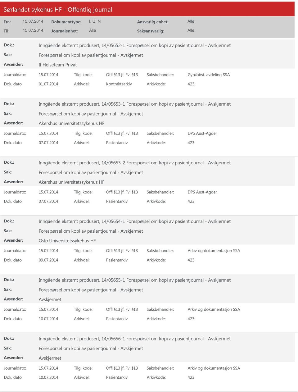 produsert, 14/05653-2 Akershus universitetssykehus HF DPS Aust-Agder Inngående eksternt produsert, 14/05654-1 Oslo Universitetssykehus HF Arkiv og