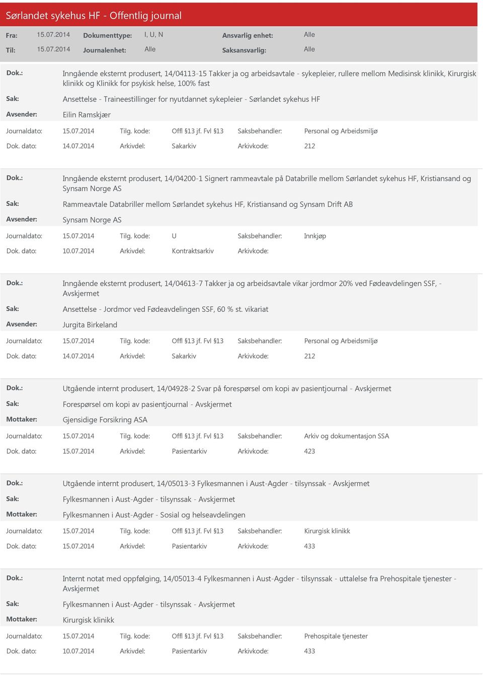 2014 Arkivdel: Sakarkiv Arkivkode: 212 Inngående eksternt produsert, 14/04200-1 Signert rammeavtale på Databrille mellom Sørlandet sykehus HF, Kristiansand og Synsam Norge AS Rammeavtale Databriller