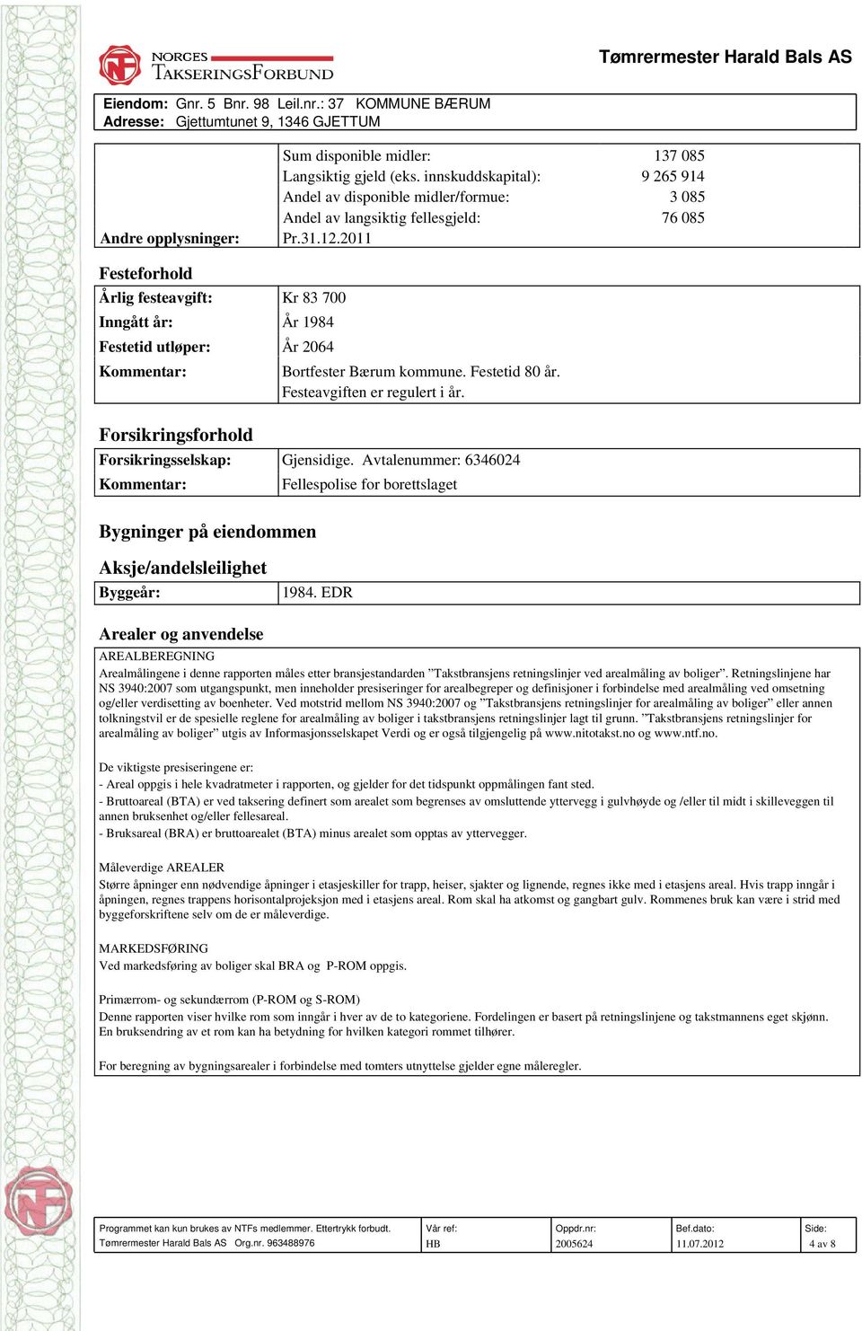 2011 Festeforhold Årlig festeavgift: Kr 83 700 Inngått år: År 1984 Festetid utløper: År 2064 Kommentar: Forsikringsforhold Bortfester Bærum kommune. Festetid 80 år. Festeavgiften er regulert i år.