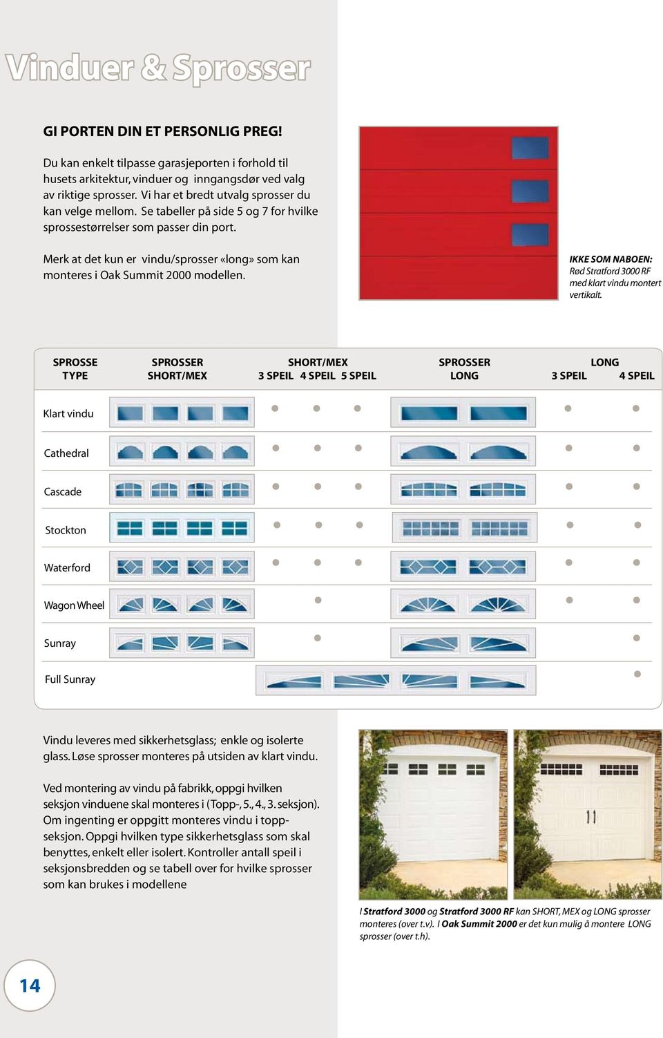 Merk at det kun er vindu/sprosser «long» som kan monteres i Oak Summit 2000 modellen. IKKE SOM NABOEN: Rød Stratford 3000 RF med klart vindu montert vertikalt.