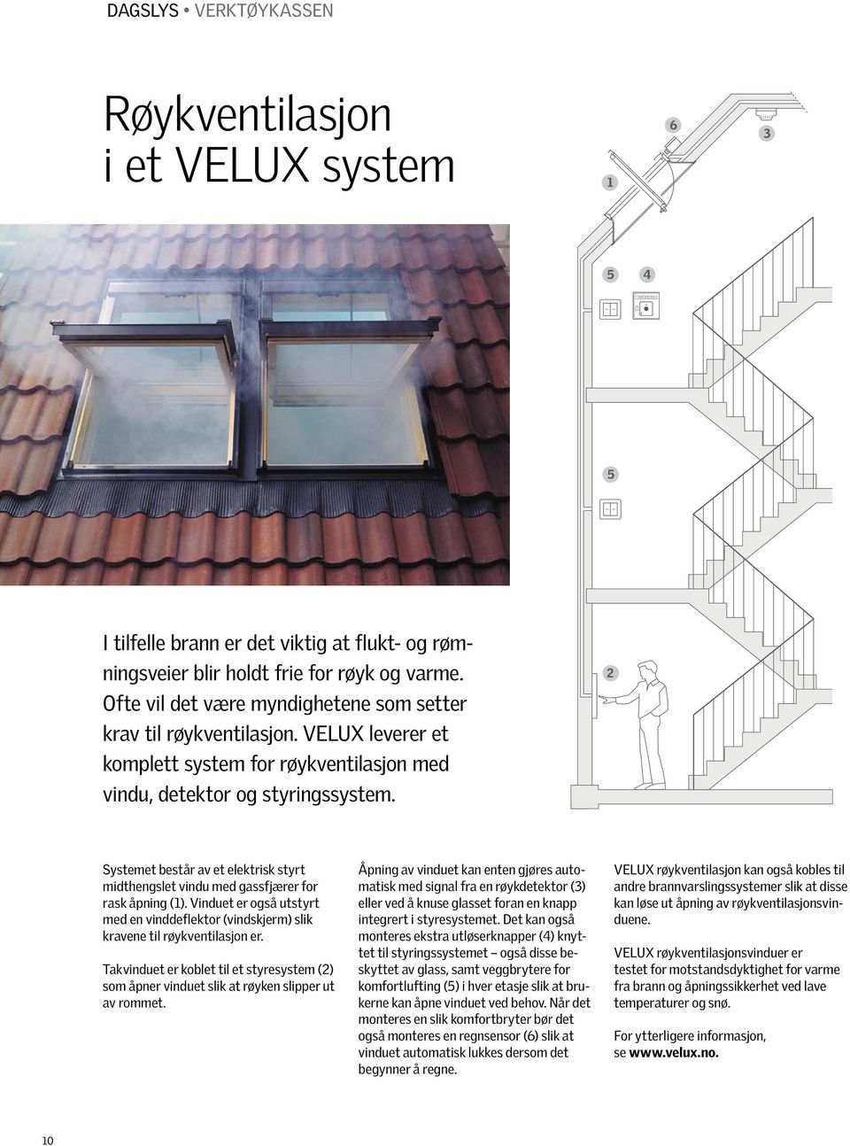 2 Systemet består av et elektrisk styrt midthengslet vindu med gassfjærer for rask åpning (1). Vinduet er også utstyrt med en vinddeflektor (vindskjerm) slik kravene til røykventilasjon er.