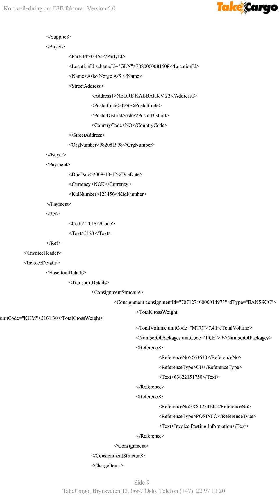 <Currency>NOK</Currency> <KidNumber>123456</KidNumber> </Payment> <Ref> <Code>TCIS</Code> <Text>5123</Text> </Ref> </InvoiceHeader> <InvoiceDetails> <BaseItemDetails> <TransportDetails>