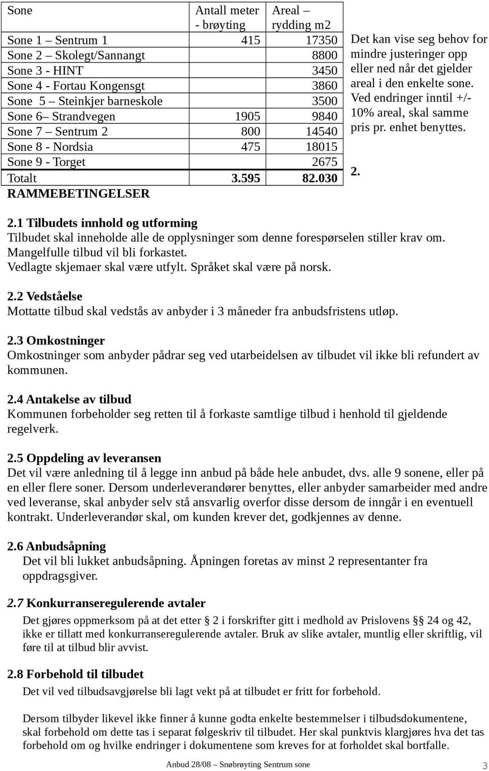 030 RAMMEBETINGELSER Det kan vise seg behov for mindre justeringer opp eller ned når det gjelder areal i den enkelte sone. Ved endringer inntil +/- 10% areal, skal samme pris pr. enhet benyttes. 2.