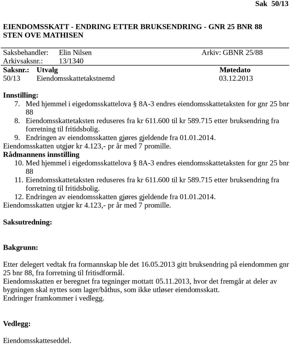 715 etter bruksendring fra forretning til fritidsbolig. 9. Endringen av eiendomsskatten gjøres gjeldende fra 01.01.2014. Eiendomsskatten utgjør kr 4.123,- pr år med 7 promille. 10.