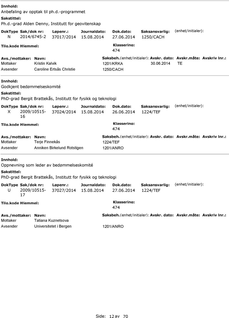 2014 TE Caroline Ertsås Christie 1250/CACH Godkjent bedømmelseskomité hd-grad Bergit Brattekås, nstitutt for fysikk og teknologi ak/dok nr: 2009/10515-16 Løpenr.: 37024/2014 26.06.