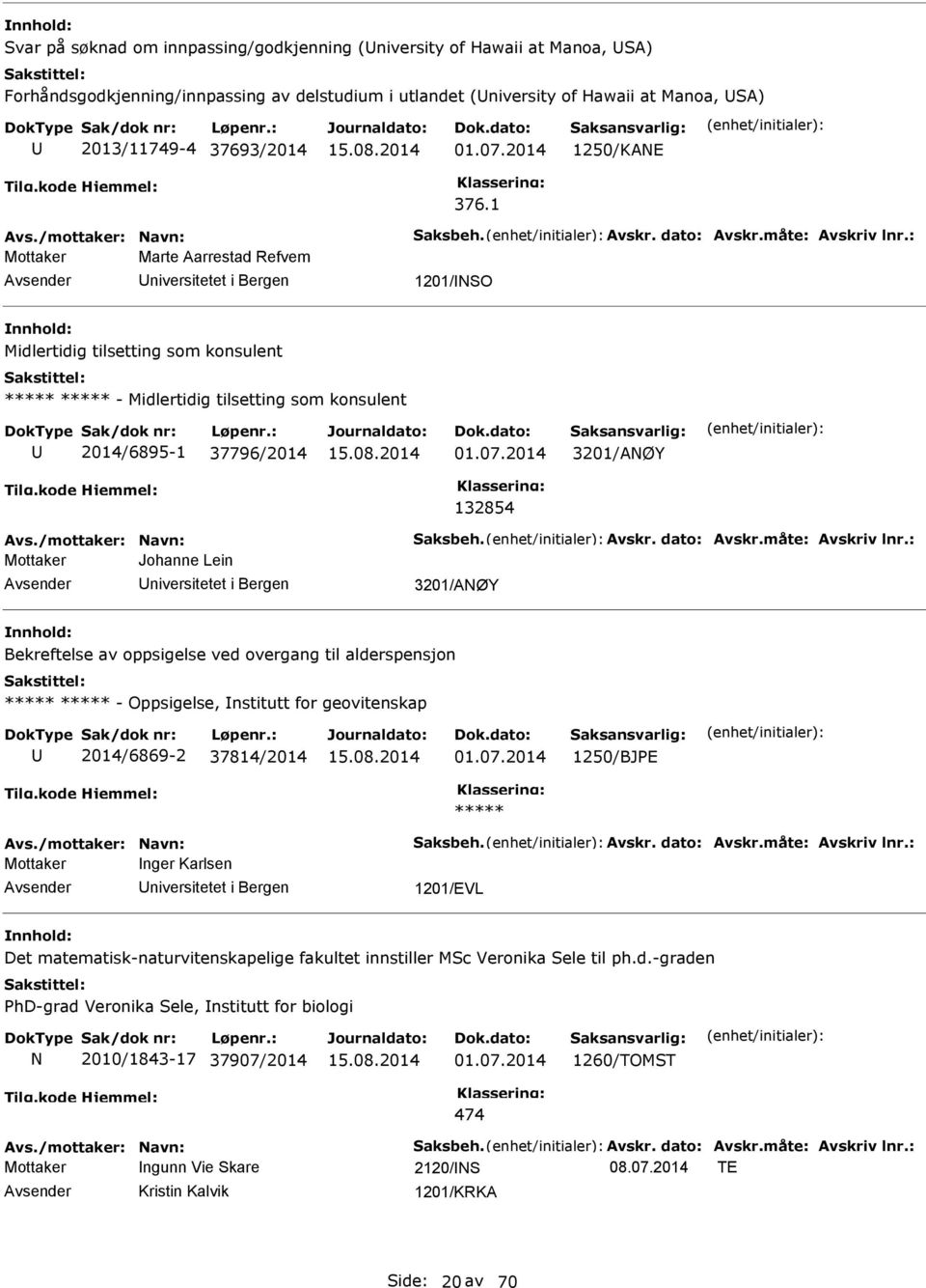 : Mottaker Marte Aarrestad Refvem niversitetet i Bergen 1201/NO Midlertidig tilsetting som konsulent - Midlertidig tilsetting som konsulent 2014/6895-1 37796/2014 01.07.2014 132854 Avs.