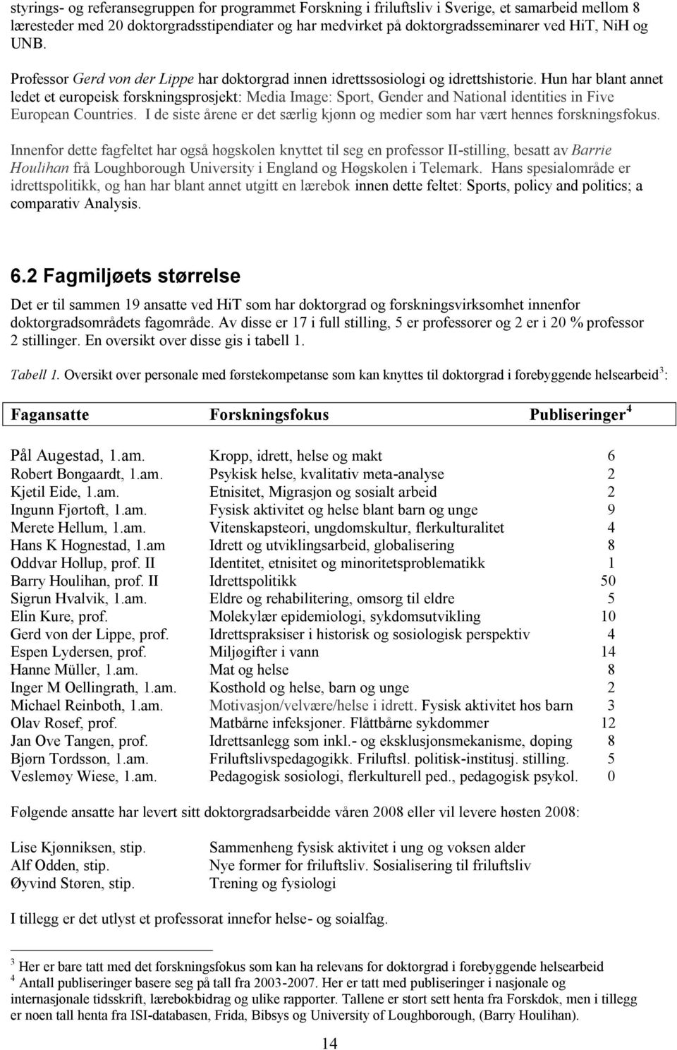 Hun har blant annet ledet et europeisk forskningsprosjekt: Media Image: Sport, Gender and National identities in Five European Countries.