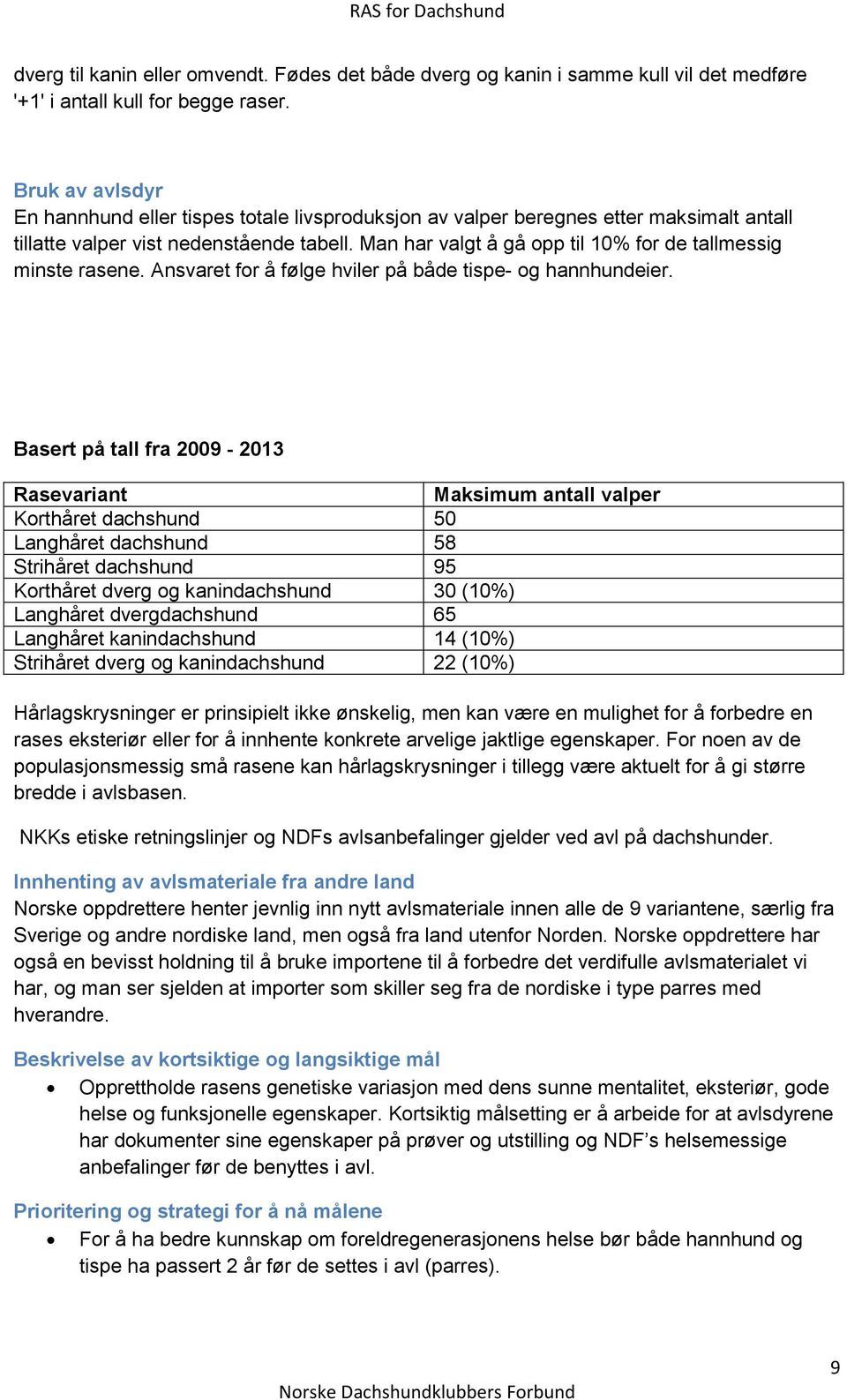 Man har valgt å gå opp til 10% for de tallmessig minste rasene. Ansvaret for å følge hviler på både tispe- og hannhundeier.
