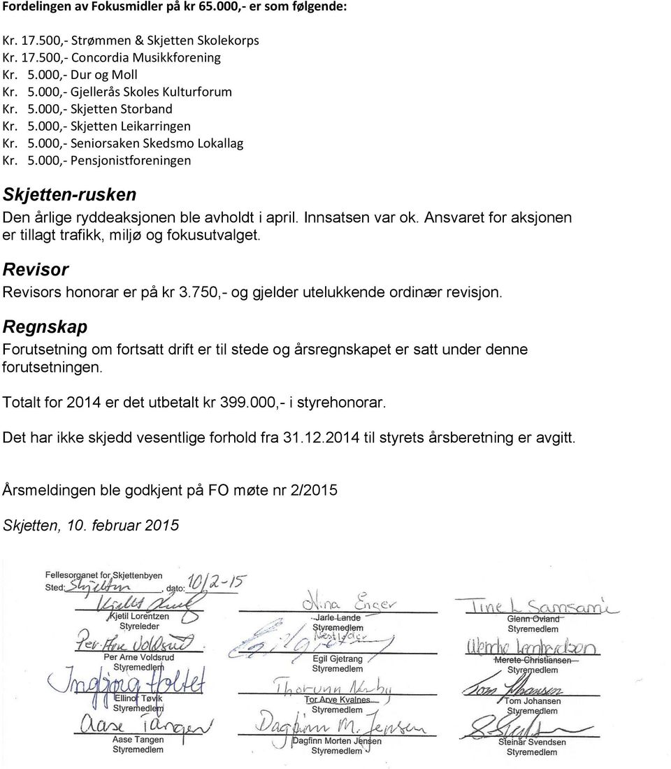 Innsatsen var ok. Ansvaret for aksjonen er tillagt trafikk, miljø og fokusutvalget. Revisor Revisors honorar er på kr 3.750,- og gjelder utelukkende ordinær revisjon.