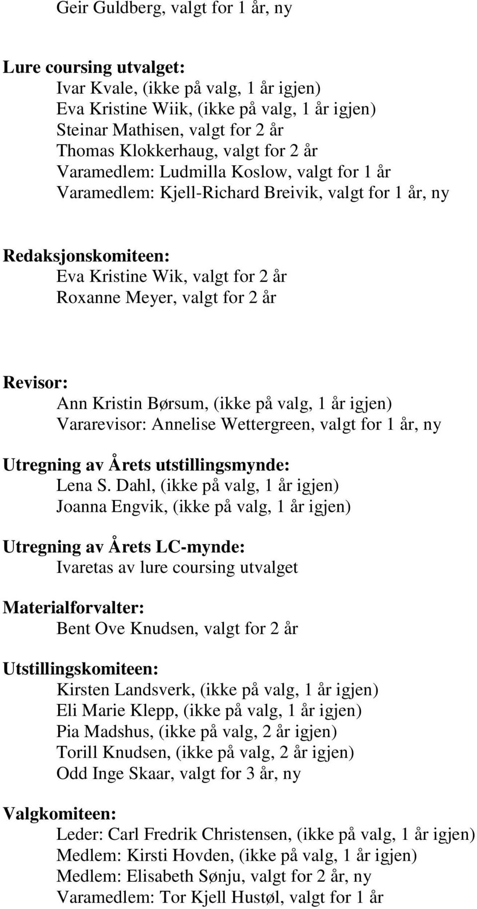 Revisor: Ann Kristin Børsum, (ikke på valg, 1 år igjen) Vararevisor: Annelise Wettergreen, valgt for 1 år, ny Utregning av Årets utstillingsmynde: Lena S.