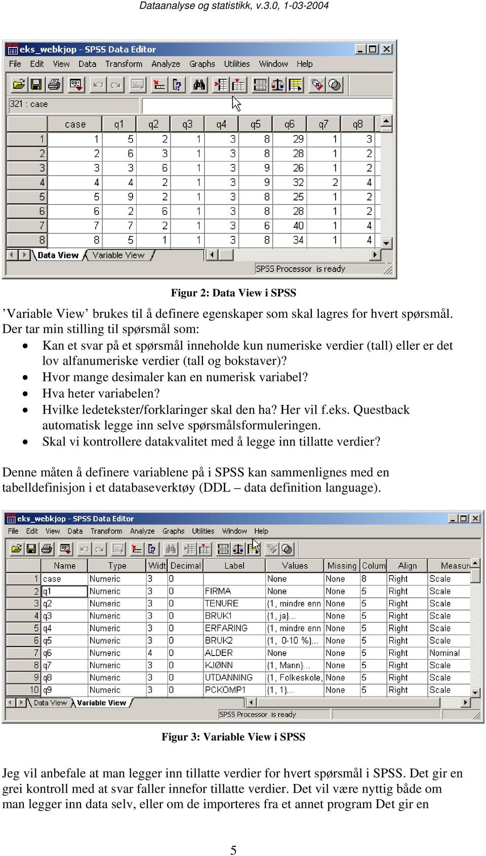 Hvor mange desimaler kan en numerisk variabel? Hva heter variabelen? Hvilke ledetekster/forklaringer skal den ha? Her vil f.eks. Questback automatisk legge inn selve spørsmålsformuleringen.