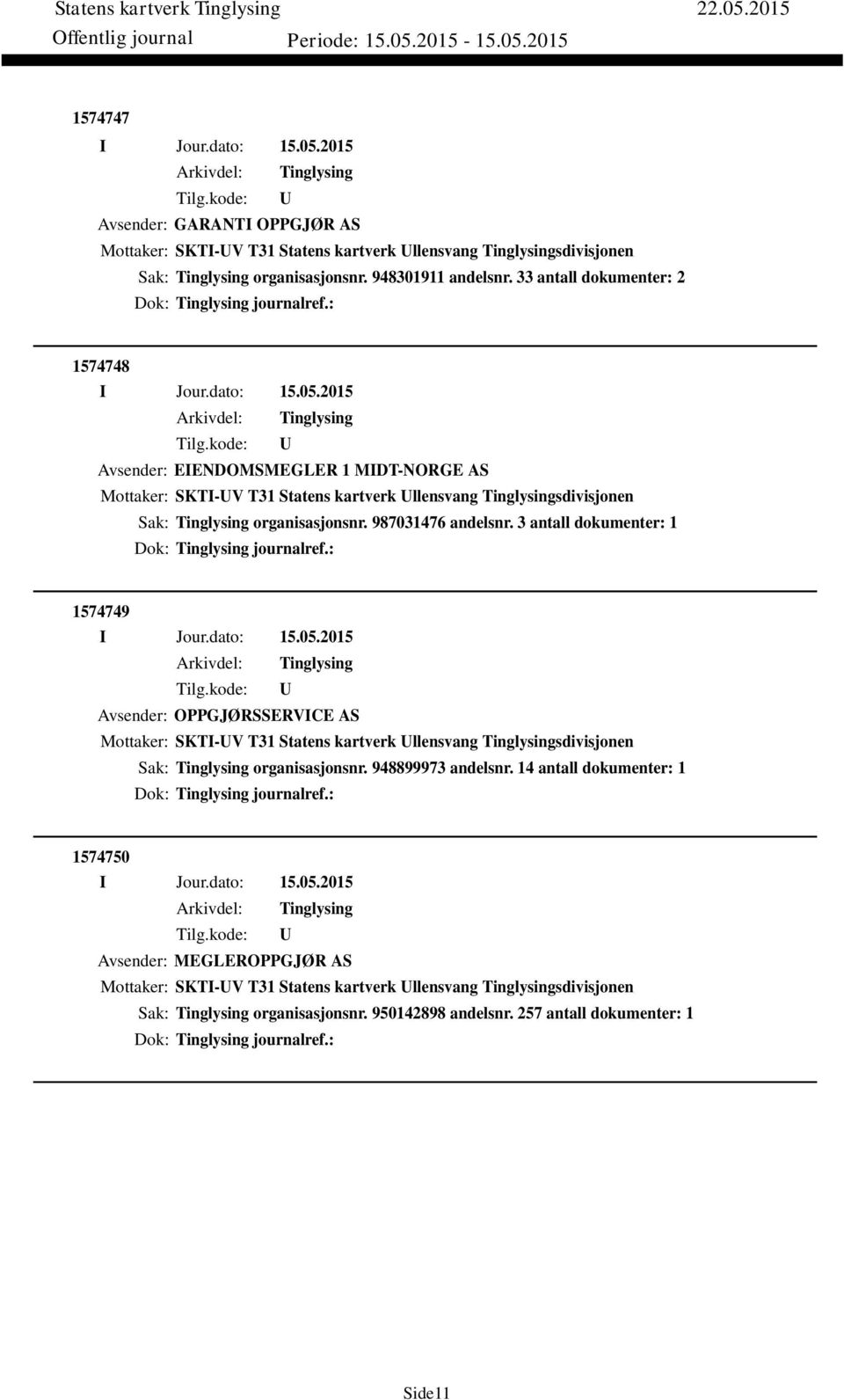 3 antall dokumenter: 1 Dok: journalref.: 1574749 Avsender: OPPGJØRSSERVICE AS Mottaker: SKTI-V T31 Statens kartverk llensvang sdivisjonen Sak: organisasjonsnr. 948899973 andelsnr.