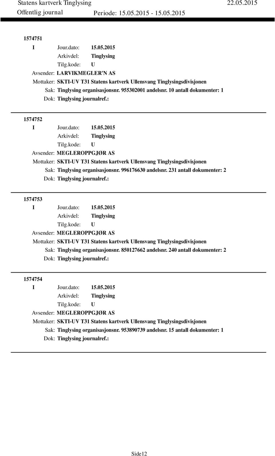 231 antall dokumenter: 2 Dok: journalref.: 1574753 Avsender: MEGLEROPPGJØR AS Mottaker: SKTI-V T31 Statens kartverk llensvang sdivisjonen Sak: organisasjonsnr. 850127662 andelsnr.