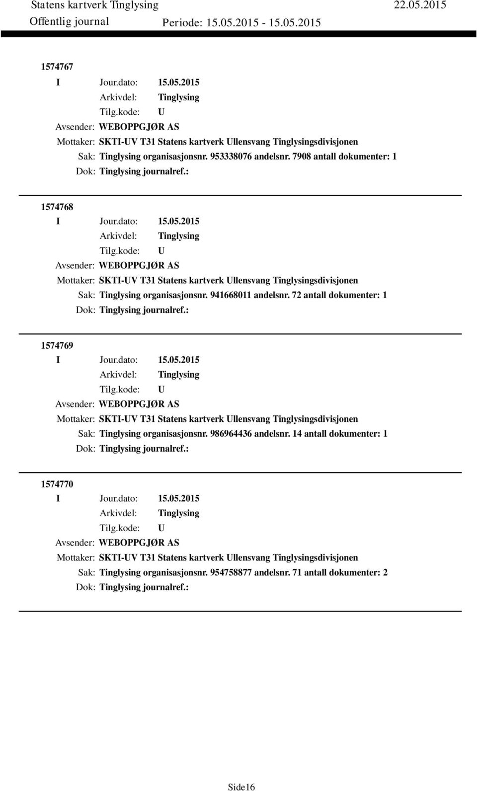 72 antall dokumenter: 1 Dok: journalref.: 1574769 Avsender: WEBOPPGJØR AS Mottaker: SKTI-V T31 Statens kartverk llensvang sdivisjonen Sak: organisasjonsnr. 986964436 andelsnr.