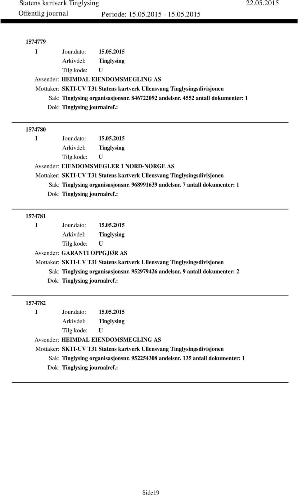 7 antall dokumenter: 1 Dok: journalref.: 1574781 Avsender: GARANTI OPPGJØR AS Mottaker: SKTI-V T31 Statens kartverk llensvang sdivisjonen Sak: organisasjonsnr. 952979426 andelsnr.