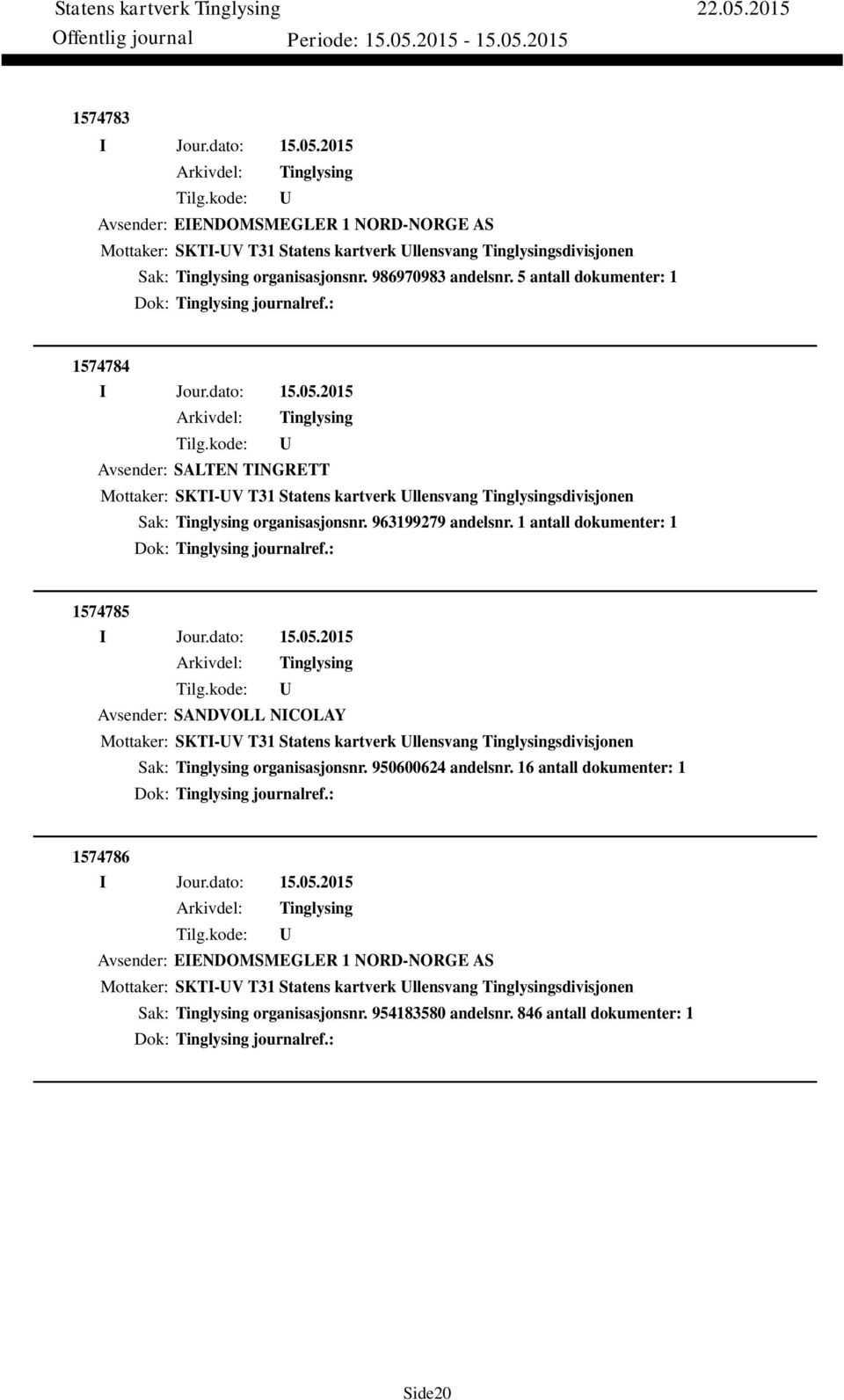 1 antall dokumenter: 1 Dok: journalref.: 1574785 Avsender: SANDVOLL NICOLAY Mottaker: SKTI-V T31 Statens kartverk llensvang sdivisjonen Sak: organisasjonsnr. 950600624 andelsnr.