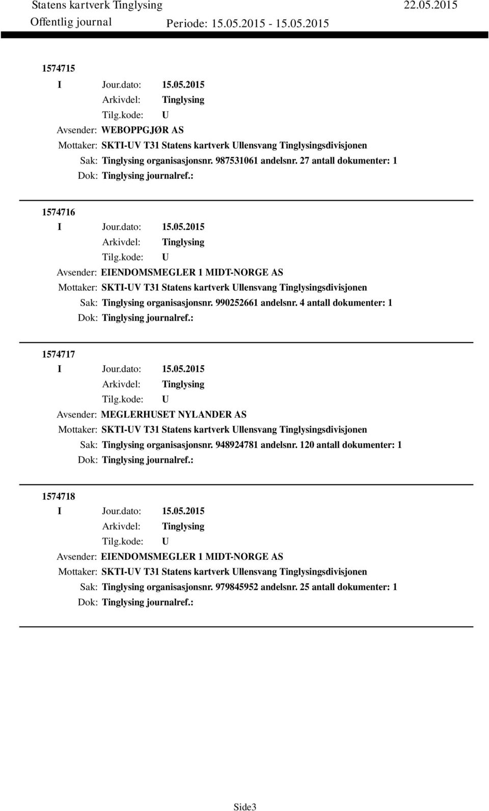 4 antall dokumenter: 1 Dok: journalref.: 1574717 Avsender: MEGLERHSET NYLANDER AS Mottaker: SKTI-V T31 Statens kartverk llensvang sdivisjonen Sak: organisasjonsnr. 948924781 andelsnr.