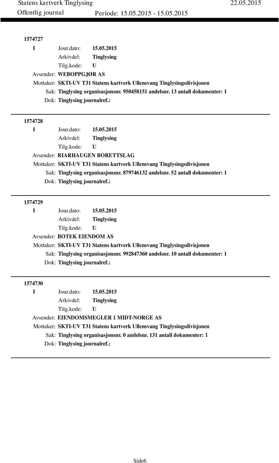 52 antall dokumenter: 1 Dok: journalref.: 1574729 Avsender: BOTEK EIENDOM AS Mottaker: SKTI-V T31 Statens kartverk llensvang sdivisjonen Sak: organisasjonsnr. 992847360 andelsnr.