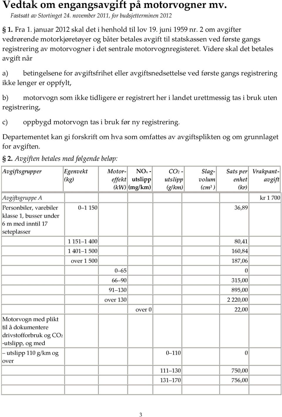 Videre skal det betales avgift når a) betingelsene for avgiftsfrihet eller avgiftsnedsettelse ved første gangs registrering ikke lenger er oppfylt, b) motorvogn som ikke tidligere er registrert her i