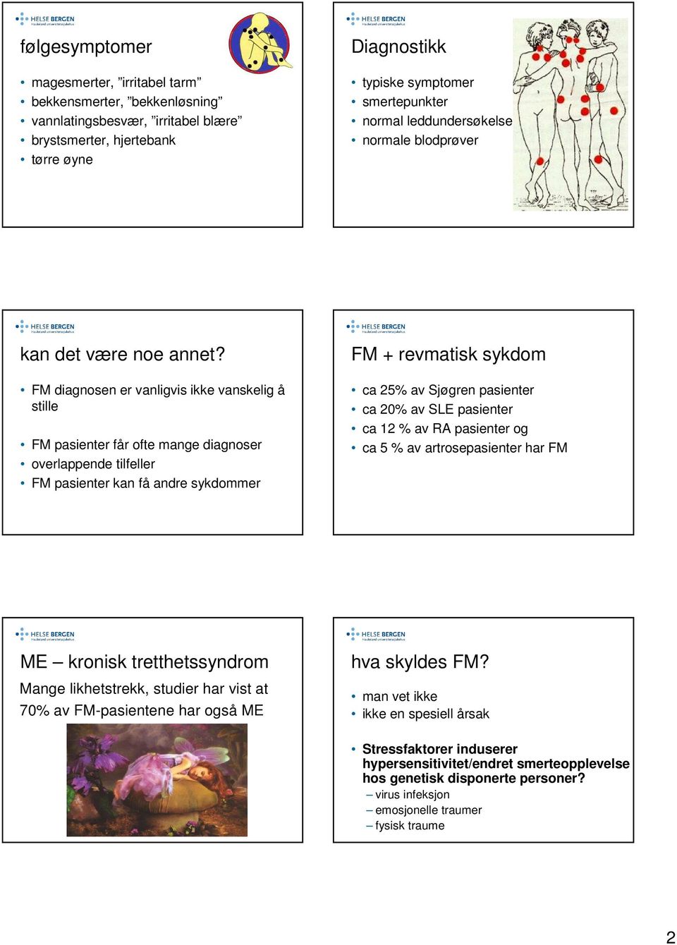 FM diagnosen er vanligvis ikke vanskelig å stille FM pasienter får ofte mange diagnoser overlappende tilfeller FM pasienter kan få andre sykdommer FM + revmatisk sykdom ca 25% av Sjøgren pasienter ca