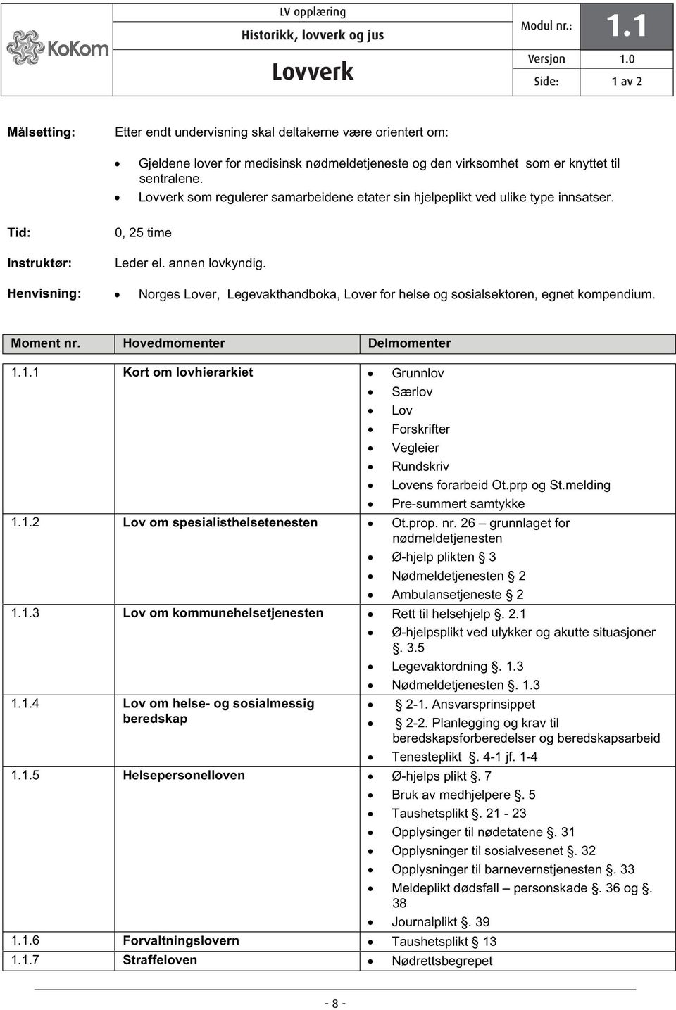 Lovverk som regulerer samarbeidene etater sin hjelpeplikt ved ulike type innsatser. Tid: Instruktør: 0, 25 time Leder el. annen lovkyndig.