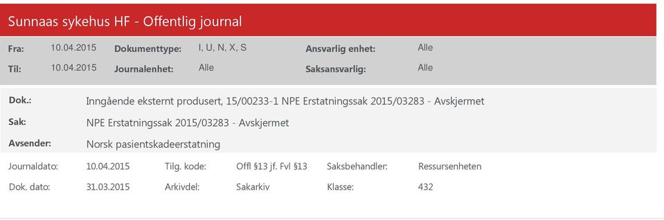 Erstatningssak 2015/03283 - Avskjermet Norsk