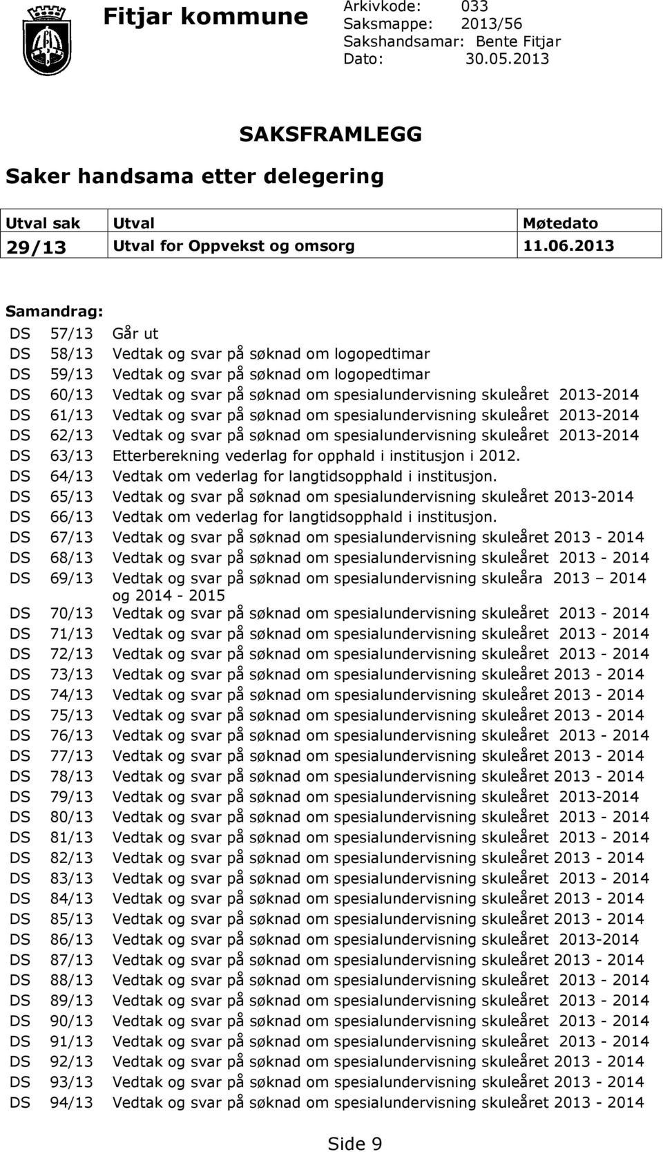 2013 Samandrag: DS 57/13 Går ut DS 58/13 Vedtak og svar på søknad om logopedtimar DS 59/13 Vedtak og svar på søknad om logopedtimar DS 60/13 Vedtak og svar på søknad om spesialundervisning skuleåret