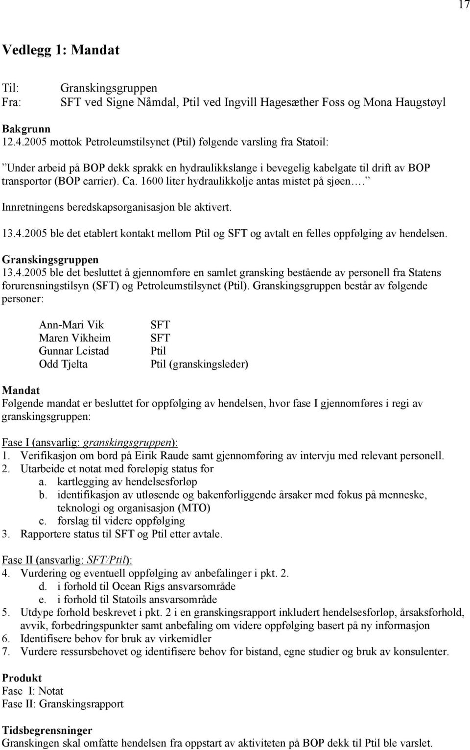 1600 liter hydraulikkolje antas mistet på sjøen. Innretningens beredskapsorganisasjon ble aktivert. 13.4.2005 ble det etablert kontakt mellom Ptil og SFT og avtalt en felles oppfølging av hendelsen.