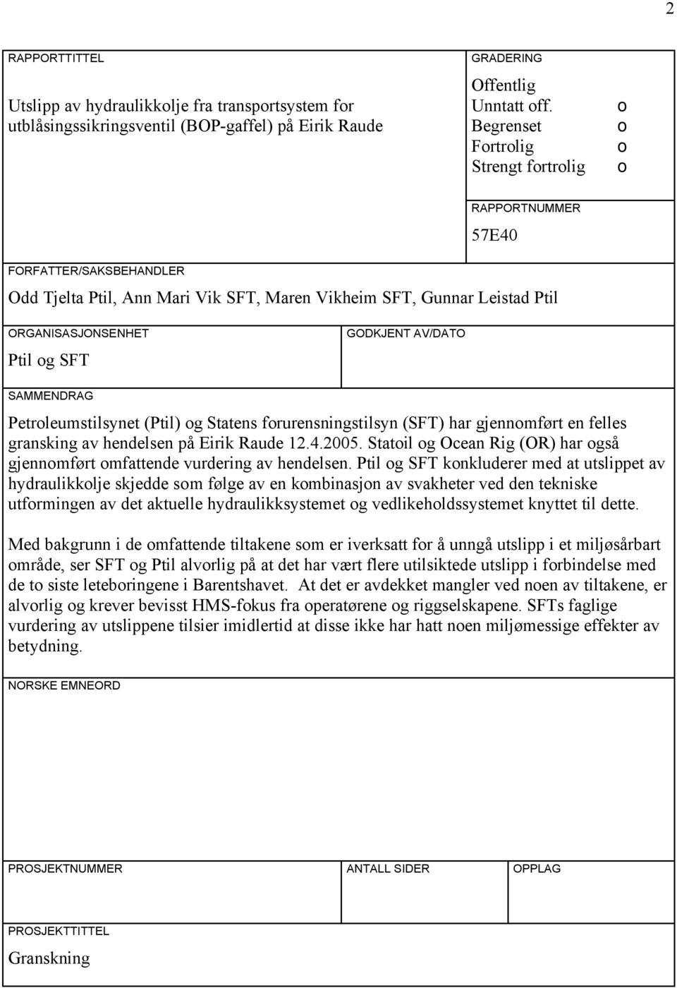 GODKJENT AV/DATO SAMMENDRAG Petroleumstilsynet (Ptil) og Statens forurensningstilsyn (SFT) har gjennomført en felles gransking av hendelsen på Eirik Raude 12.4.2005.