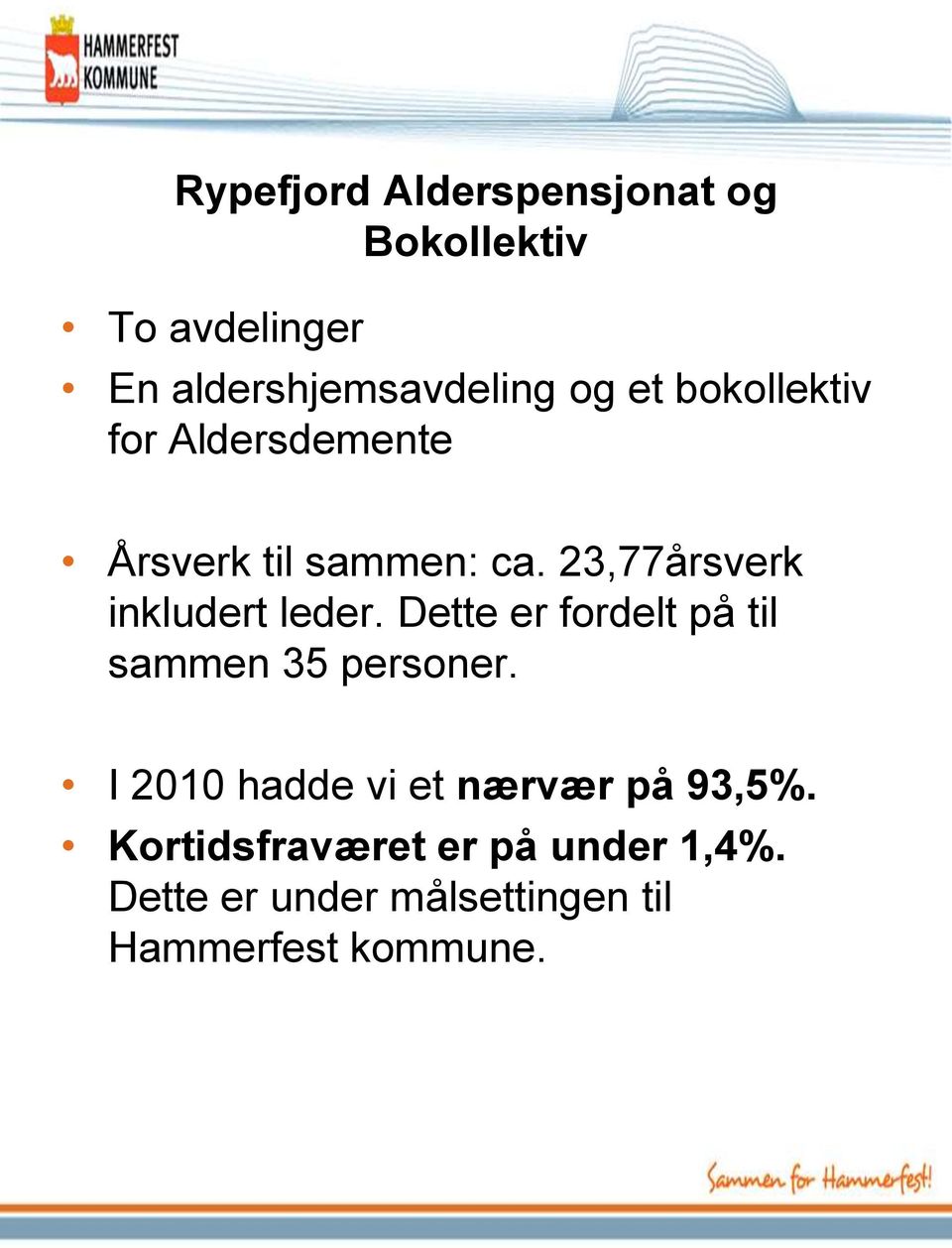 Dette er fordelt på til sammen 35 personer. I 2010 hadde vi et nærvær på 93,5%.