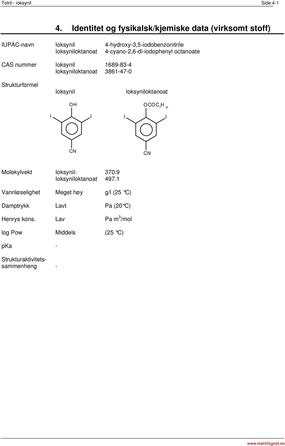 4-cyano-2,6-di-iodophenyl octanoate CAS nummer Ioksynil 1689-83-4 Ioksyniloktanoat 3861-47-0 Strukturformel Ioksynil O H