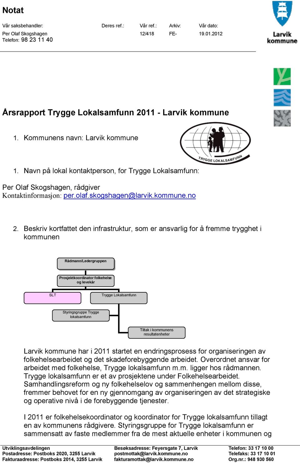 Beskriv kortfattet den infrastruktur, som er ansvarlig for å fremme trygghet i kommunen Rådmann/Ledergruppen Prosjektkoordinator folkehelse og levekår SLT Trygge Lokalsamfunn Styringsgruppe Trygge