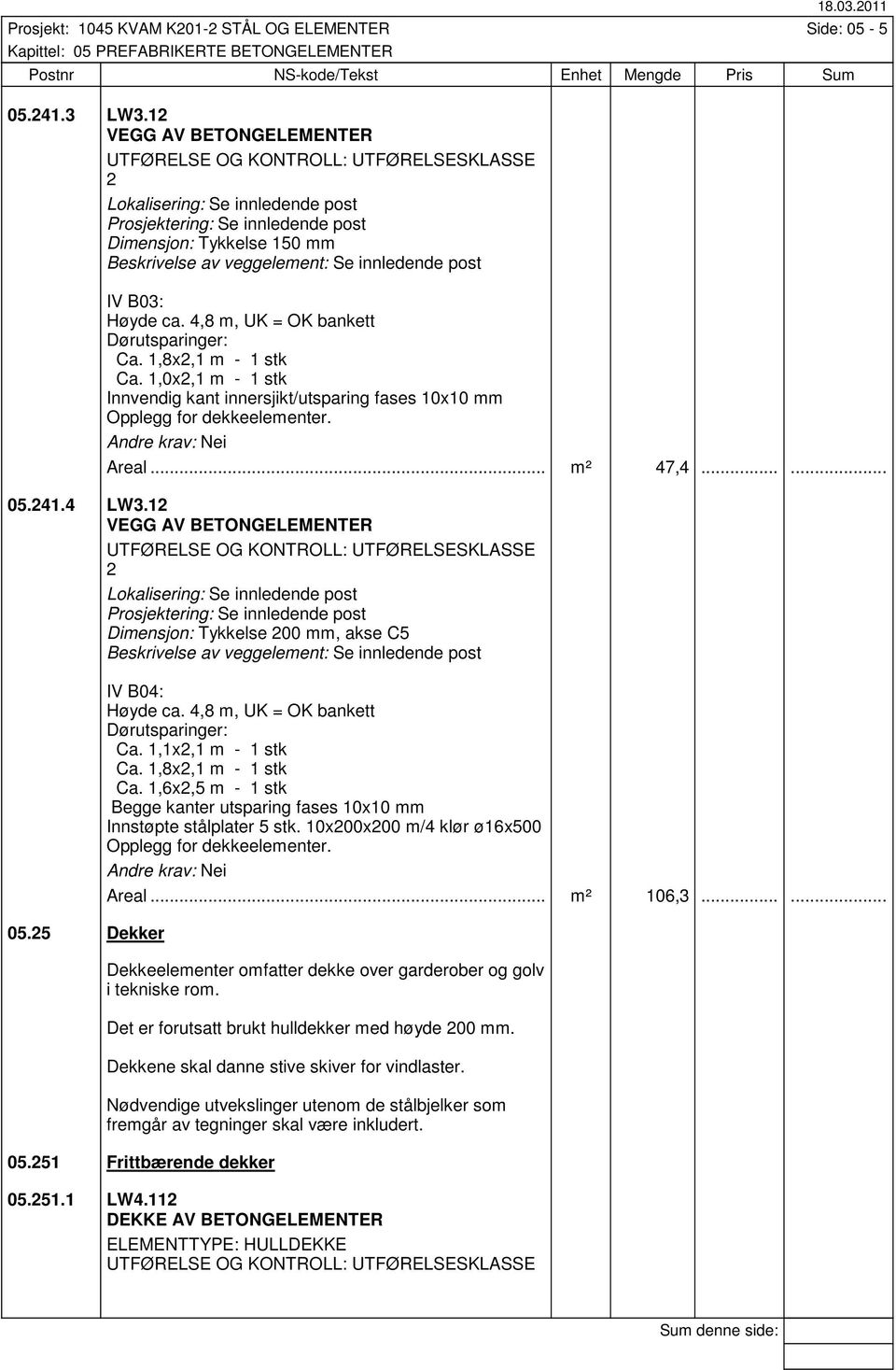 1,8x,1 m - 1 stk Ca. 1,0x,1 m - 1 stk Innvendig kant innersjikt/utsparing fases 10x10 mm Opplegg for dekkeelementer. Areal... m² 47,4...... 05.41.4 LW3.