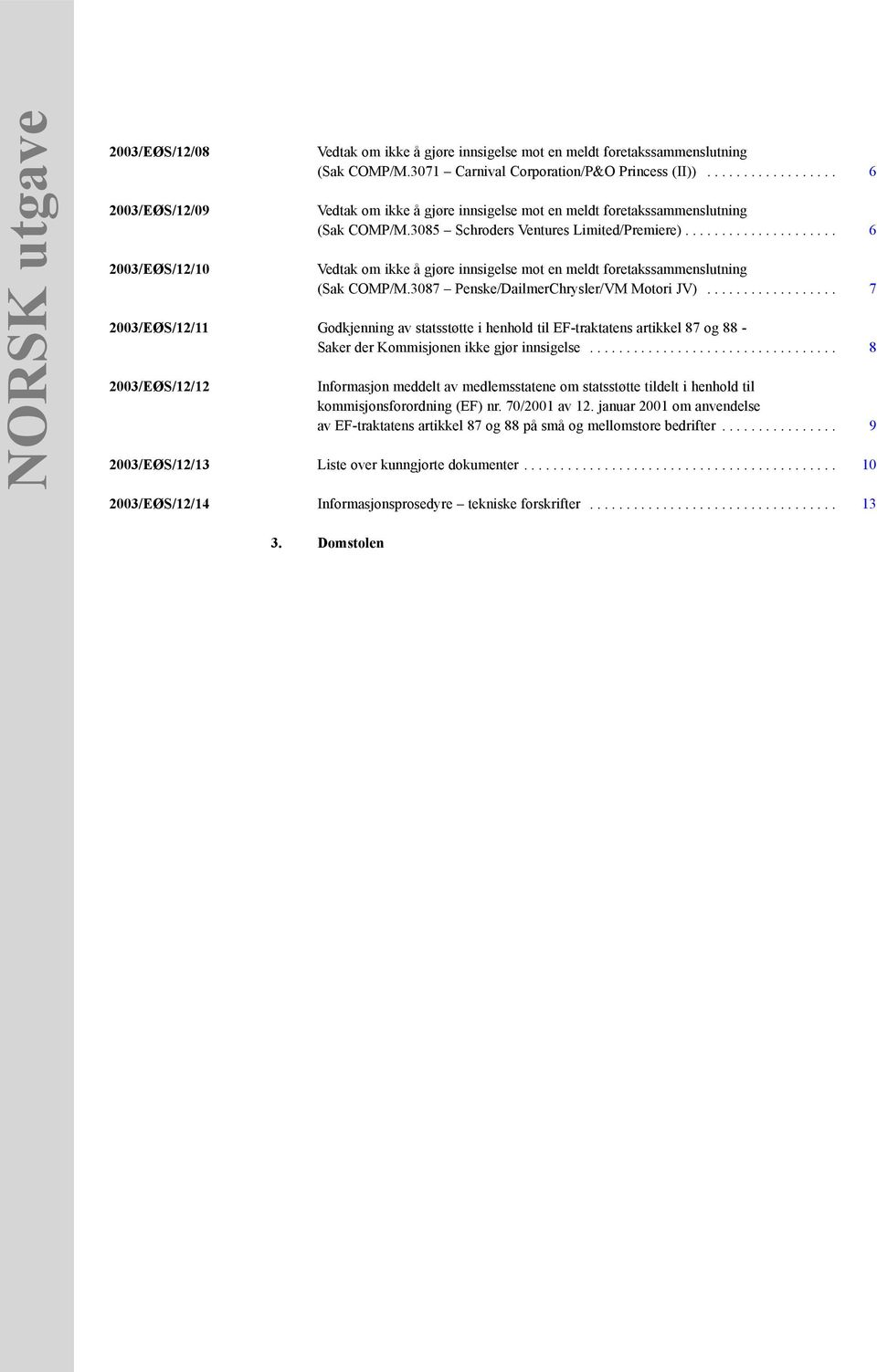 ................. 7 2003/EØS/12/11 Godkjenning av statsstøtte i henhold til EF-traktatens artikkel 87 og 88 - Saker der Kommisjonen ikke gjør innsigelse.