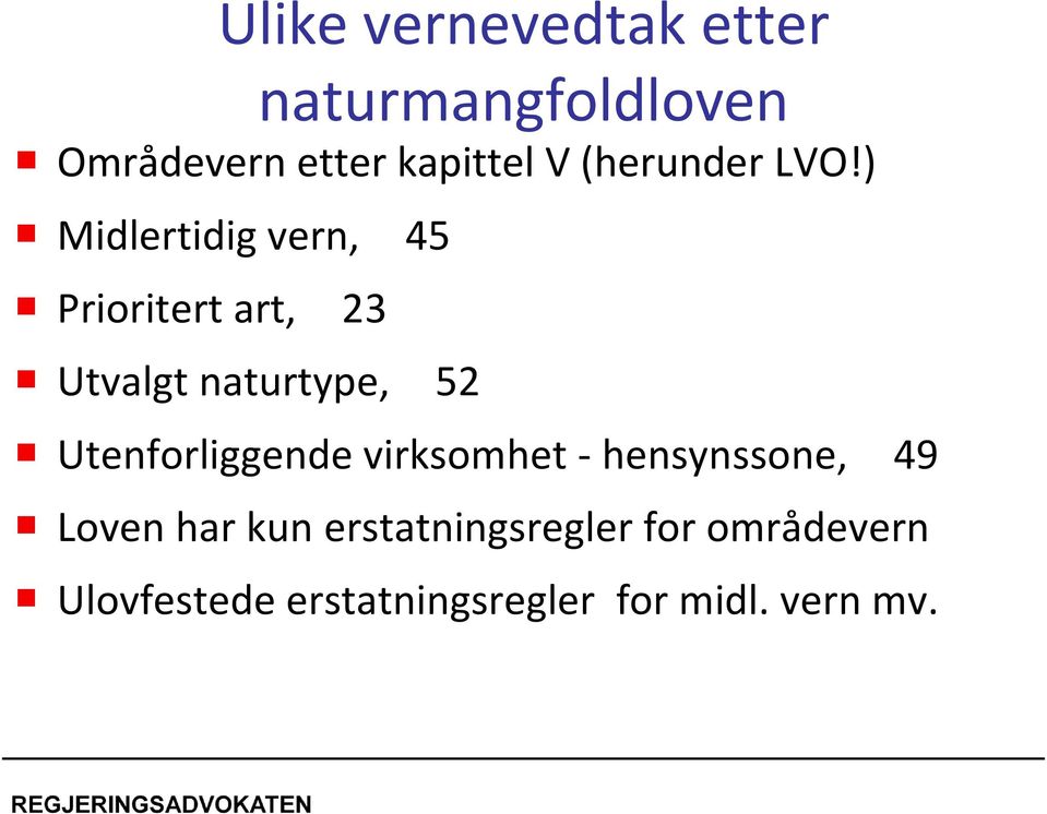 ) Midlertidig vern, 45 Prioritert art, 23 Utvalgt naturtype, 52