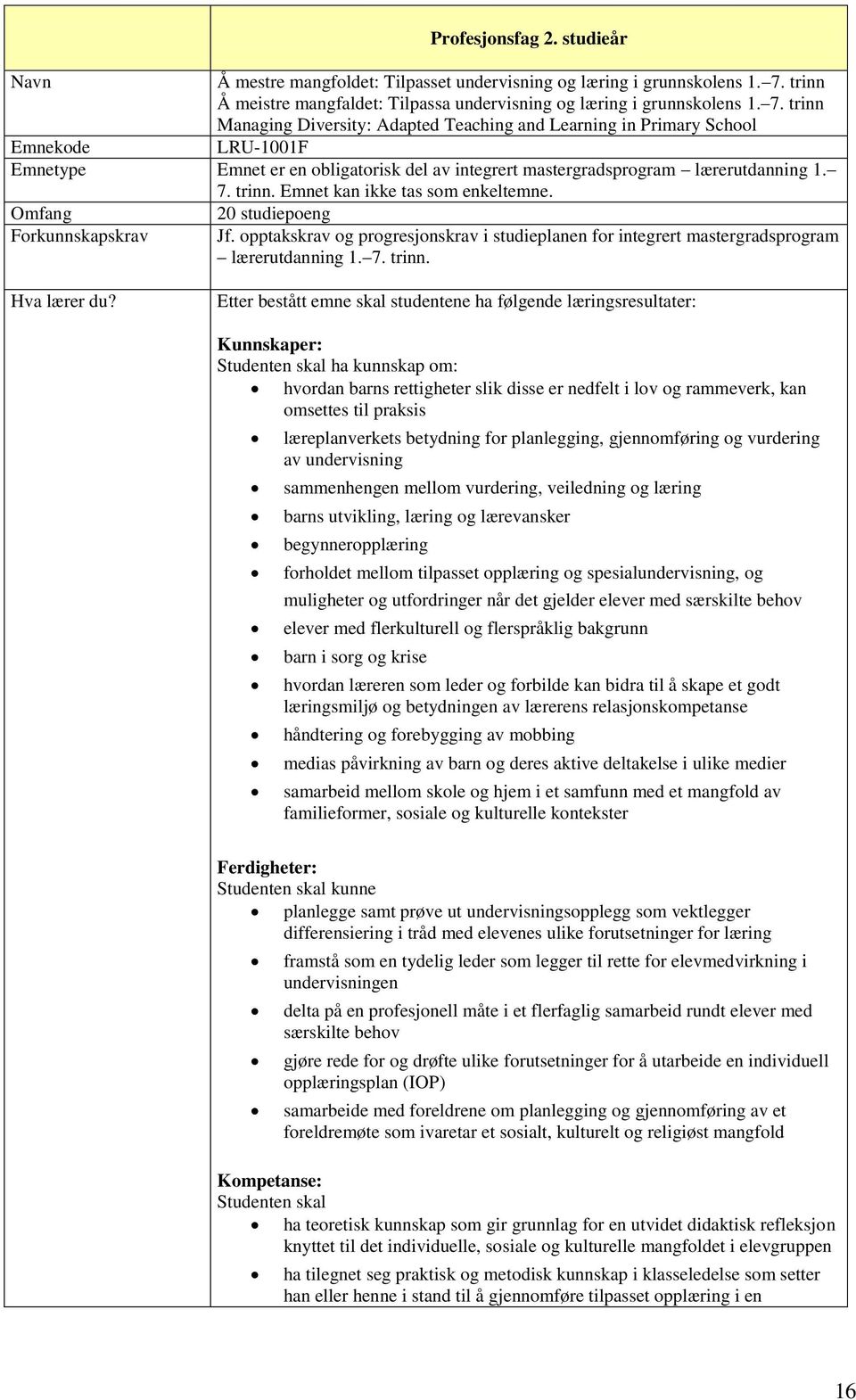 trinn Managing Diversity: Adapted Teaching and Learning in Primary School Emnekode LRU-1001F Emnetype Emnet er en obligatorisk del av integrert mastergradsprogram lærerutdanning 1. 7. trinn.