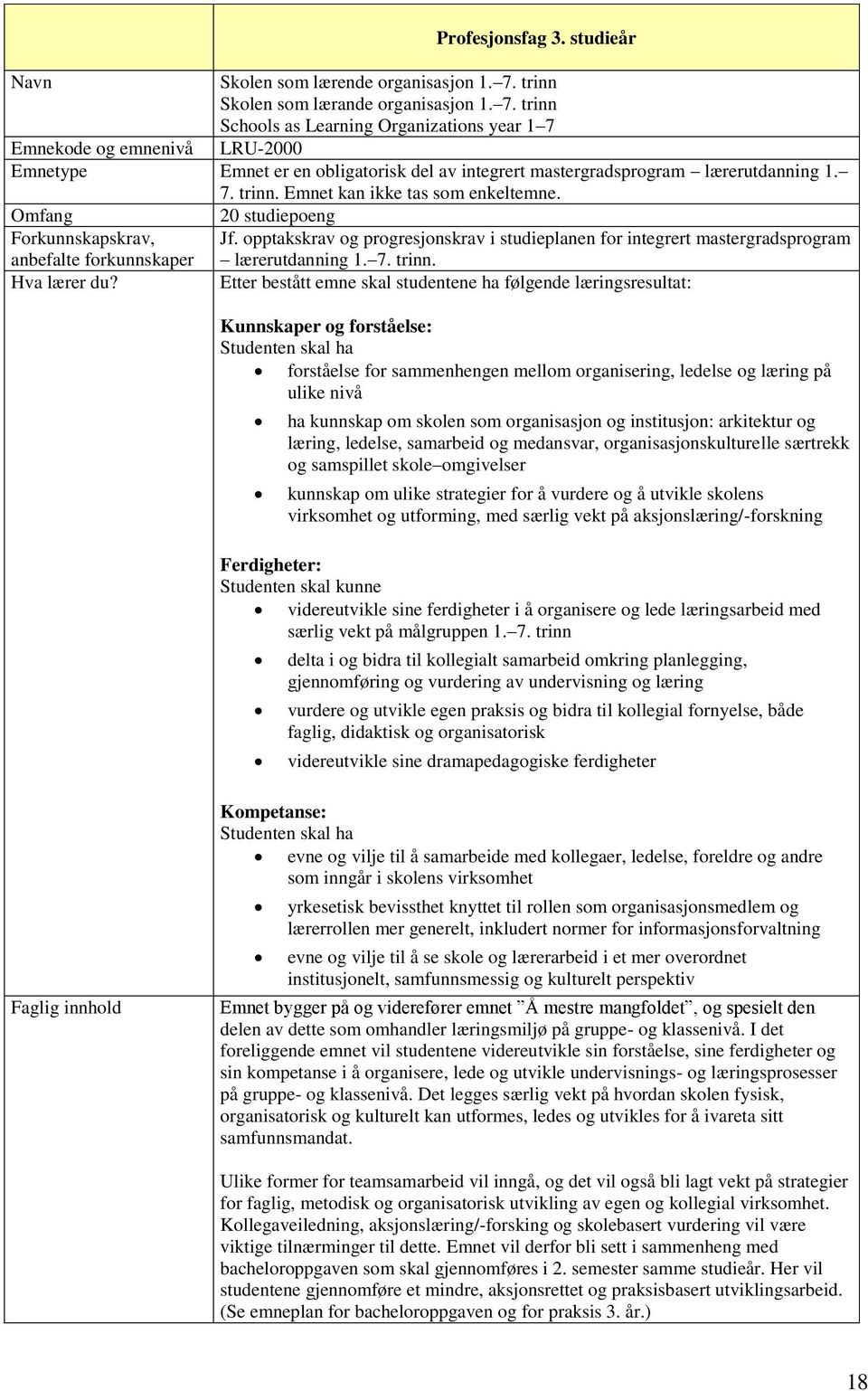 trinn Schools as Learning Organizations year 1 7 Emnekode og emnenivå LRU-2000 Emnetype Emnet er en obligatorisk del av integrert mastergradsprogram lærerutdanning 1. 7. trinn.