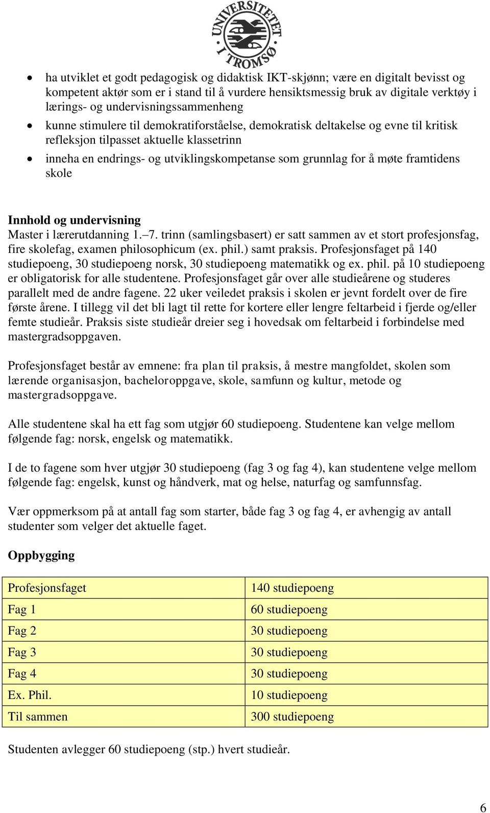 grunnlag for å møte framtidens skole Innhold og undervisning Master i lærerutdanning 1. 7. trinn (samlingsbasert) er satt sammen av et stort profesjonsfag, fire skolefag, examen philosophicum (ex.