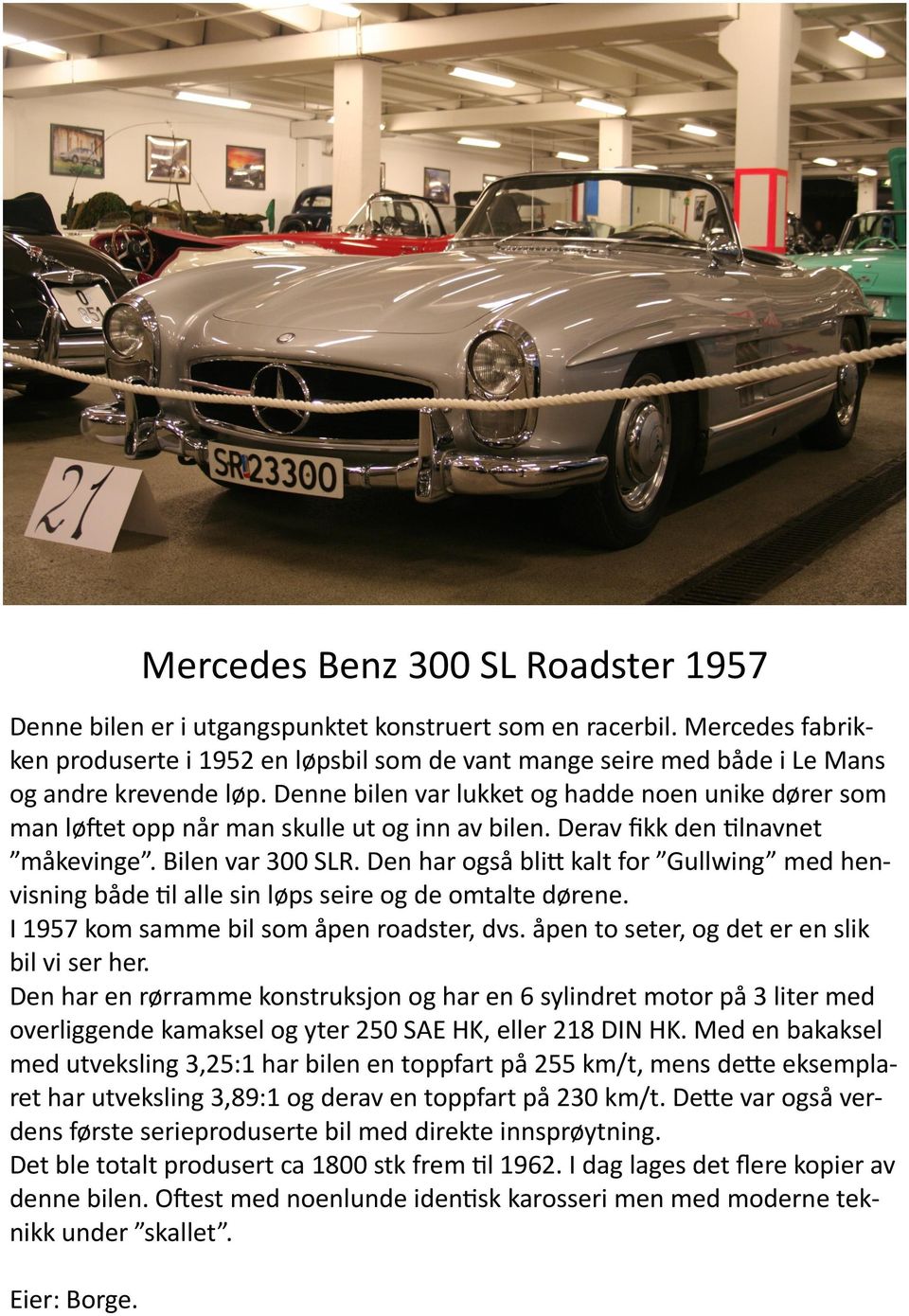 Denne bilen var lukket og hadde noen unike dører som man løftet opp når man skulle ut og inn av bilen. Derav fikk den tilnavnet måkevinge. Bilen var 300 SLR.