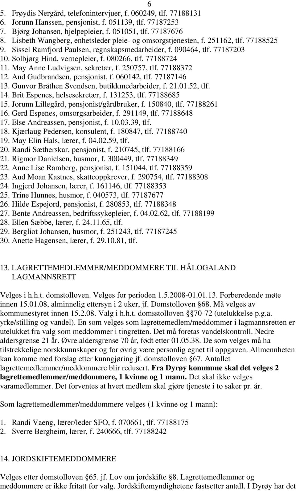 080266, tlf. 77188724 11. May Anne Ludvigsen, sekretær, f. 250757, tlf. 77188372 12. Aud Gudbrandsen, pensjonist, f. 060142, tlf. 77187146 13. Gunvor Bråthen Svendsen, butikkmedarbeider, f. 21.01.52, tlf.