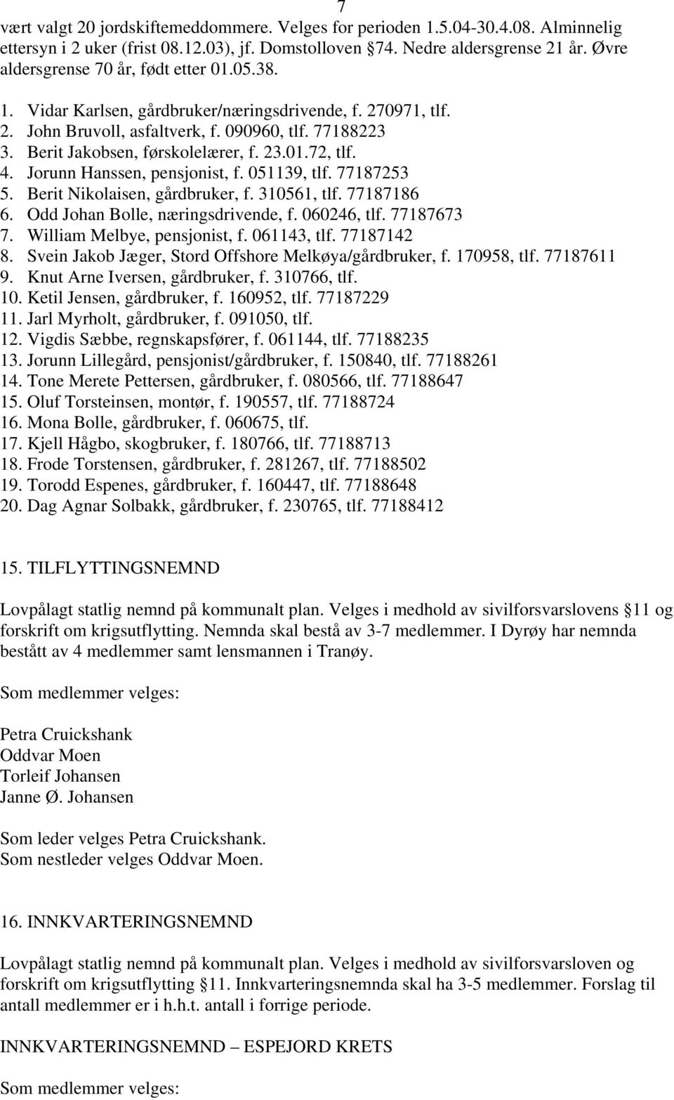 23.01.72, tlf. 4. Jorunn Hanssen, pensjonist, f. 051139, tlf. 77187253 5. Berit Nikolaisen, gårdbruker, f. 310561, tlf. 77187186 6. Odd Johan Bolle, næringsdrivende, f. 060246, tlf. 77187673 7.